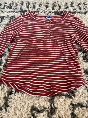Old Navy Rust and White Striped Ribbed Henley Top